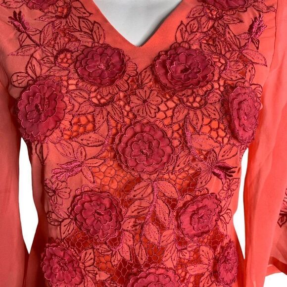 Vintage 60s Embroidered Chiffon Maxi Dress S Pink Floral Bell Sleeve Lined Zip - Picture 3 of 6